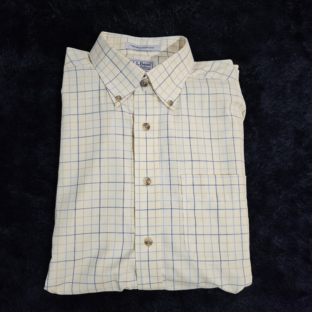 L.L. BEAN cotton wrinkle resis plaid button down shirt yellow blue size LRG mens